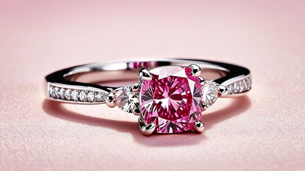 Rare pink diamond ring in platinum setting with diamond accents, similar to the Pink Star Diamond that sold for over $70 million