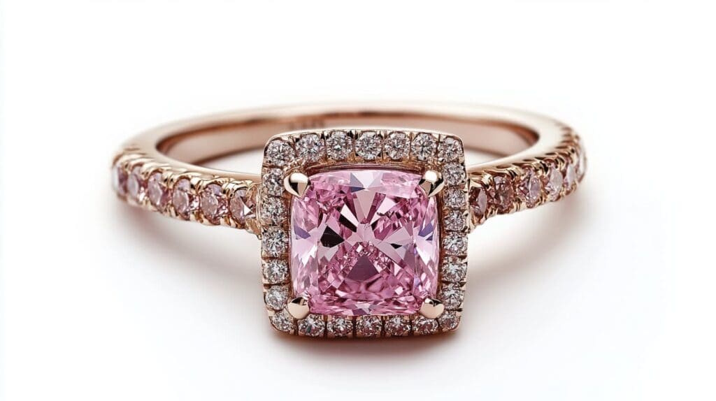 Exquisite pink diamond halo engagement ring featuring a square cushion-cut center stone and diamond band in rose gold.