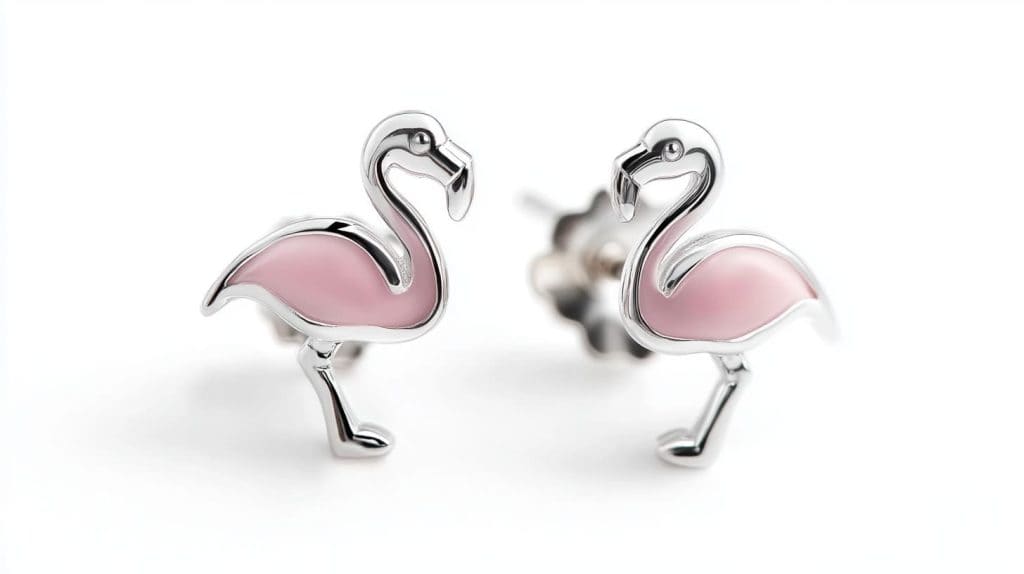 Pair of flamingo stud earrings with pink enamel detailing and silver accents, capturing a playful and vibrant design perfect for everyday wear.