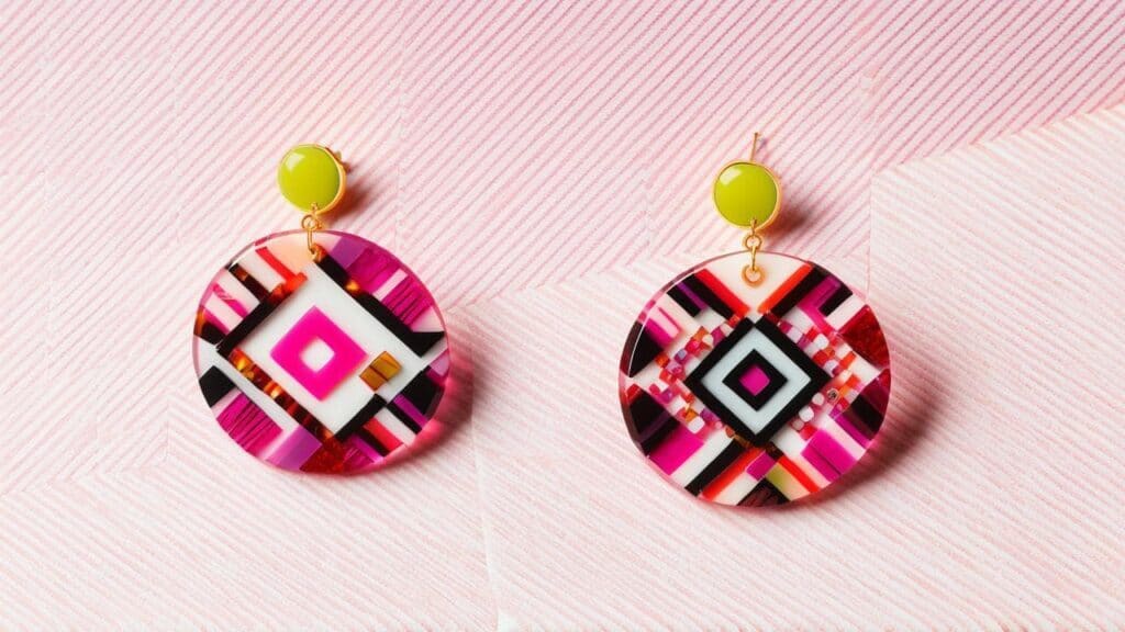 Round pink acrylic earrings with bold geometric patterns in black, white, and magenta, paired with lime green studs on a striped pink background.