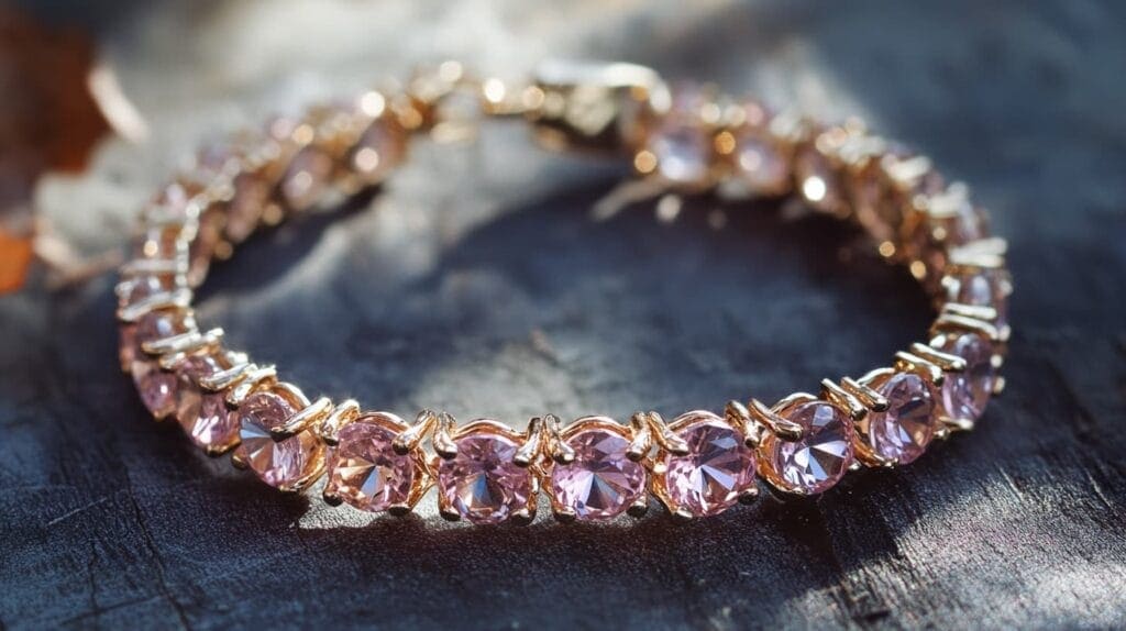 Elegant pink morganite tennis bracelet set in gold with round-cut stones, displayed on a dark background.