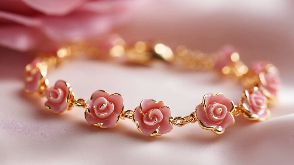 Pink rose bracelet with gold detailing, highlighting the combination of vibrant colors and elegant floral motifs in jewelry design.