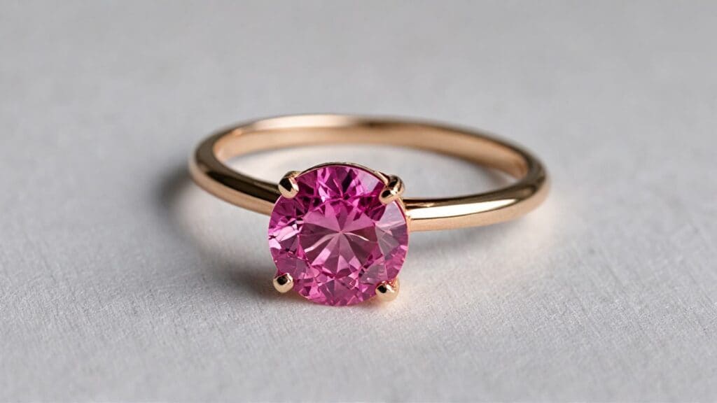 Elegant pink sapphire engagement ring in a classic rose gold solitaire setting, featuring a round-cut gemstone.