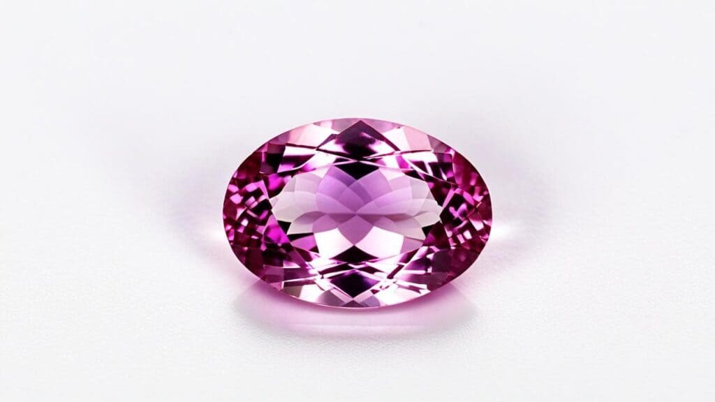 Brilliant pink sapphire gemstone with faceted oval cut on white background