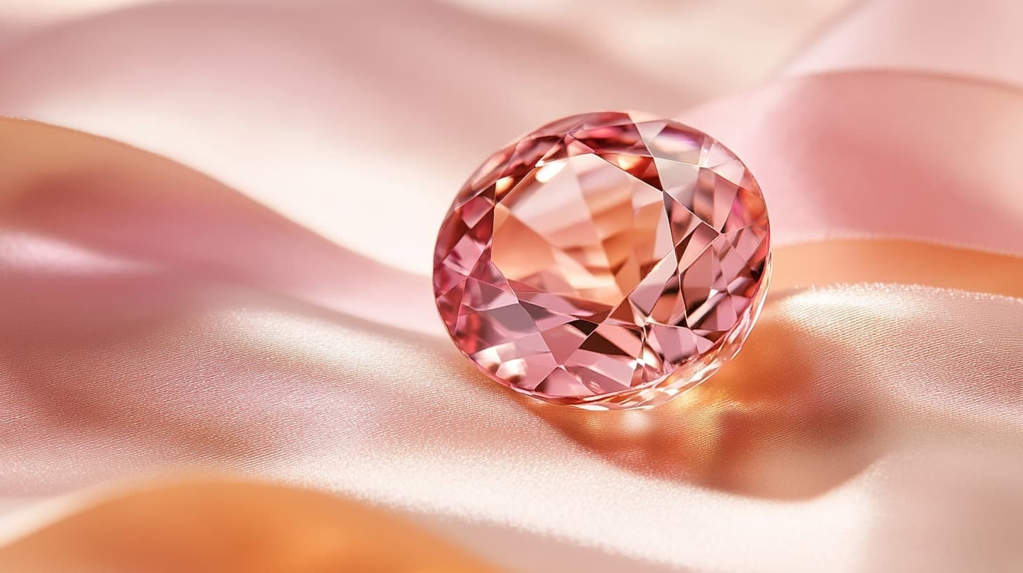 Round faceted pink vayrynenite gem resting on rippled pink silk