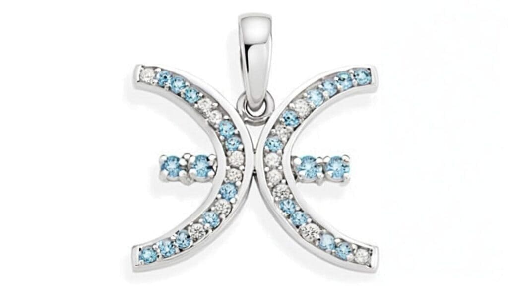 Silver Pisces pendant featuring two interconnected fish symbols with blue and white stones
