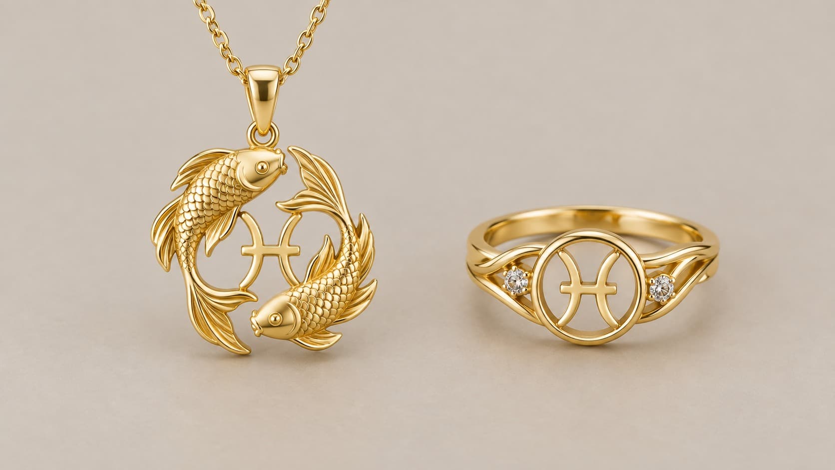 Gold two-fish Pisces pendant necklace next to a Pisces symbol ring with gemstone accents
