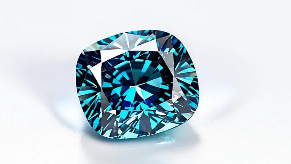 Cushion-cut blue diamond enhanced through plasma treatment, displaying vivid color and exceptional brilliance.