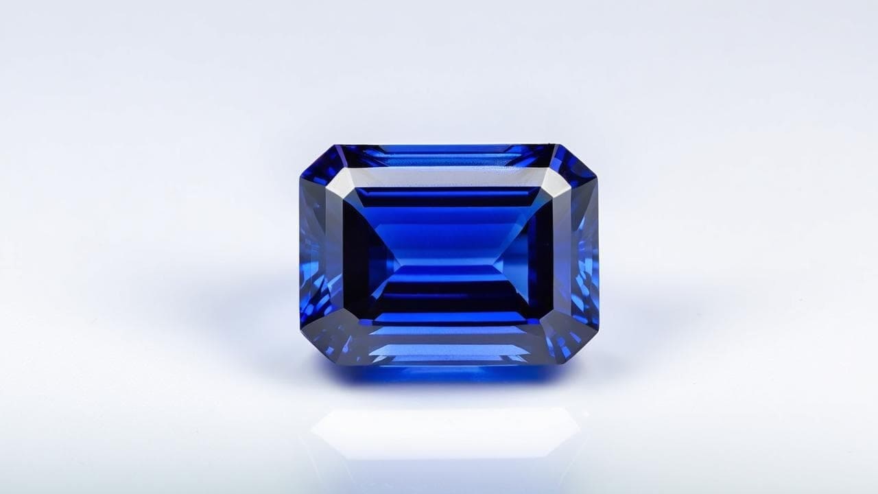 Emerald-cut royal blue sapphire with crisp step facets on white