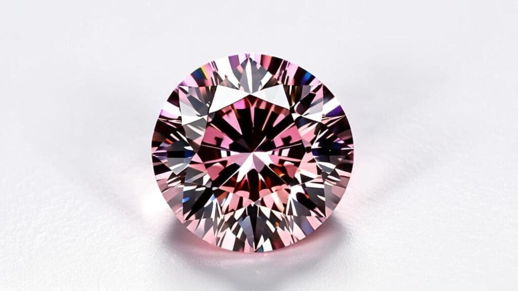 Round-cut pink diamond enhanced with plasma treatment, exhibiting intensified pink hues and exceptional sparkle.