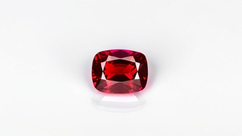 Cushion-cut ruby treated with plasma technology, featuring an intense red hue and enhanced optical properties.