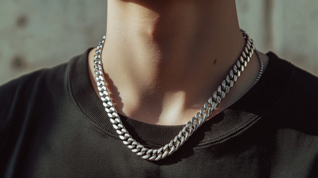 Close-up of a platinum chain necklace showing the metal's natural white tone