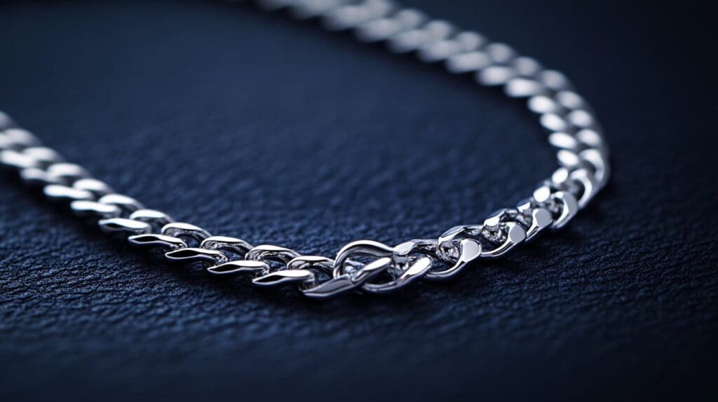 A high-quality platinum Cuban link chain displayed on a dark background, emphasizing the metal’s strength, resistance to tarnish, and luxurious appeal.