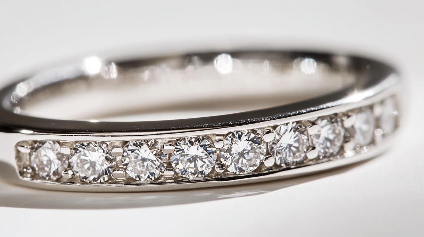 White gold band with round diamonds channel-set in a row
