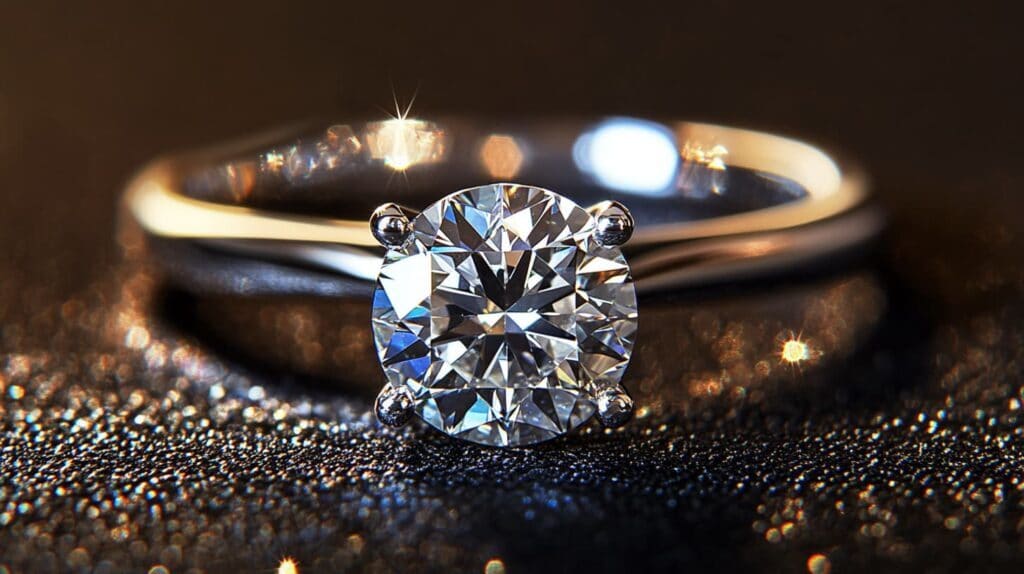 Close-up of a platinum engagement ring with a sparkling round-cut diamond, showcasing hypoallergenic properties ideal for sensitive skin.