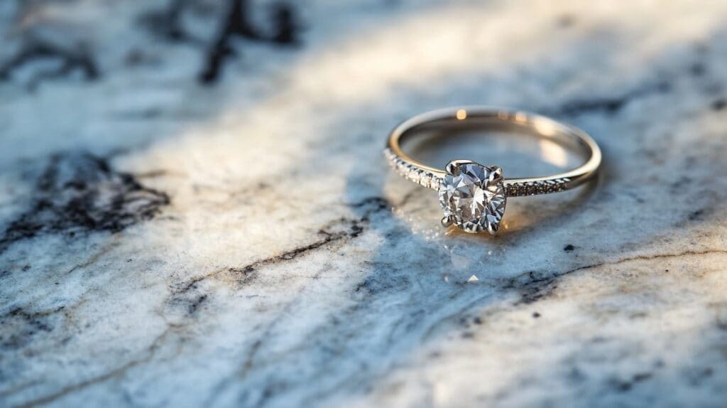 Elegant platinum engagement ring with a round diamond and diamond-studded band placed on a marble surface, showcasing platinum’s timeless beauty and strength.