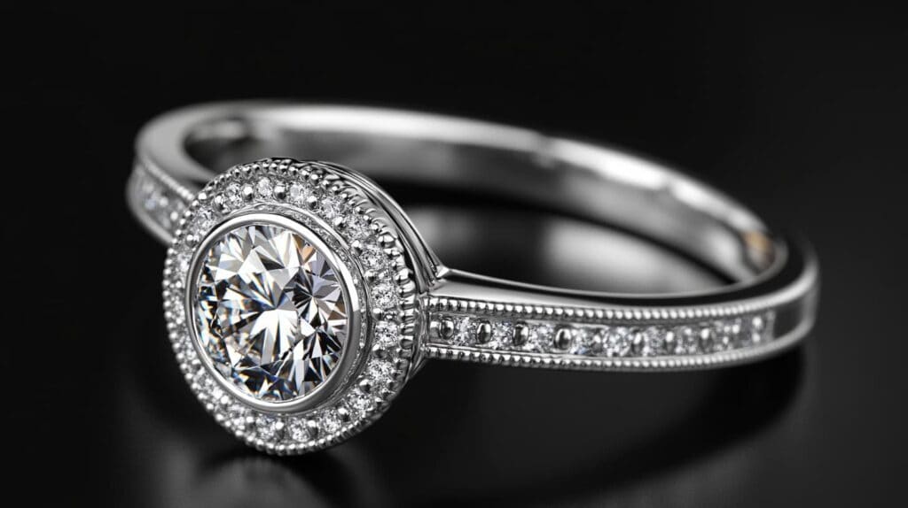 Platinum engagement ring with a bezel-set diamond surrounded by milgrain details, emphasizing a sophisticated and timeless design.