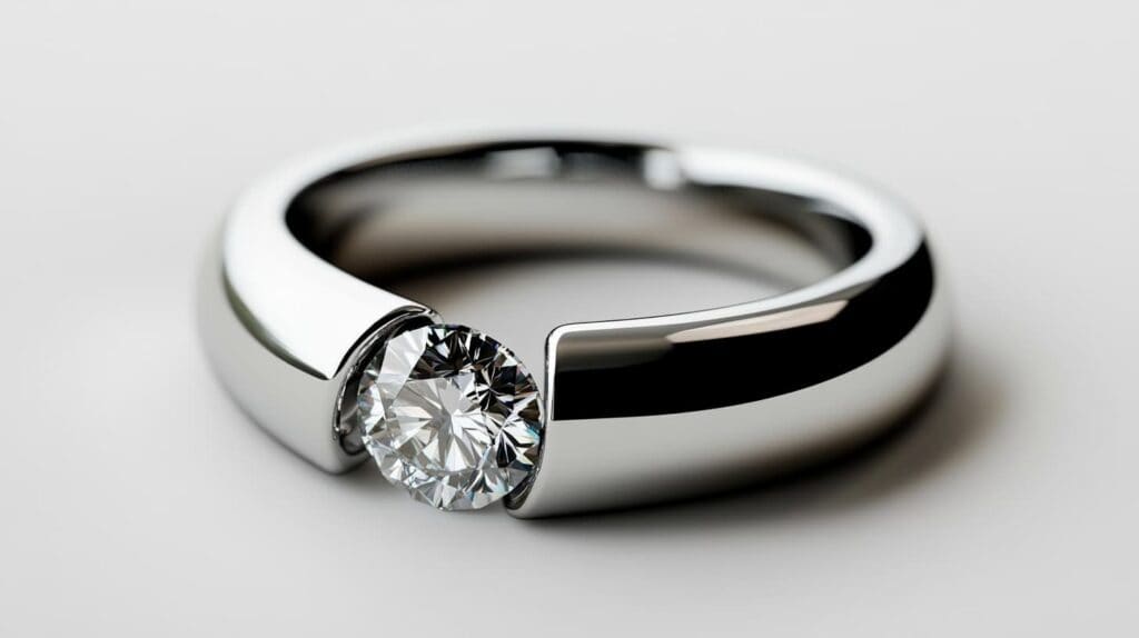 Elegant tension-set platinum ring holding a round-cut diamond, showcasing the secure yet floating gemstone design.