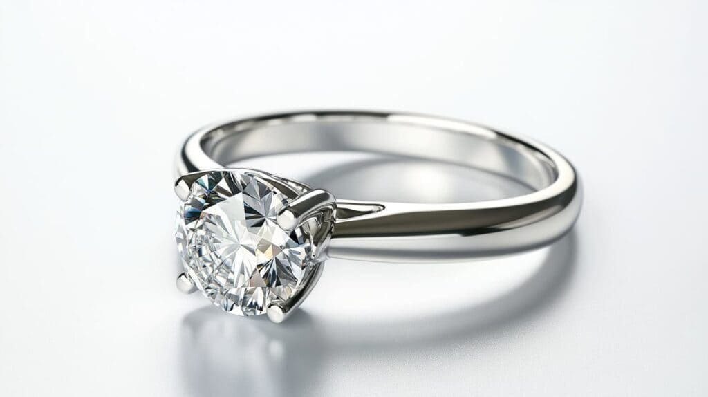 A close-up of a platinum engagement ring with a round-cut diamond, showcasing platinum’s durability, natural white color, and long-term beauty.