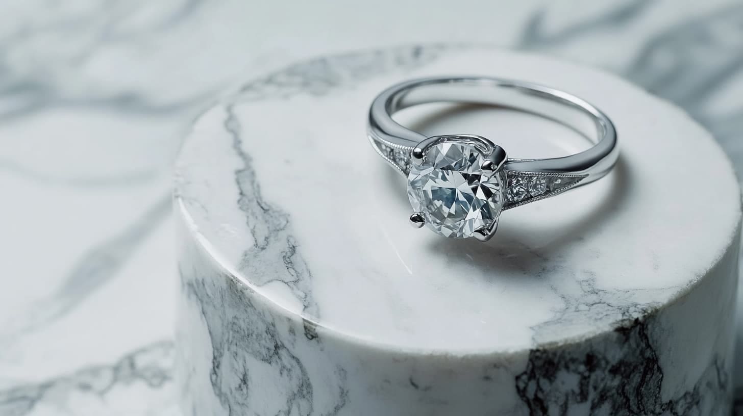 Platinum solitaire ring with a round diamond and pave shoulders on a marble plinth