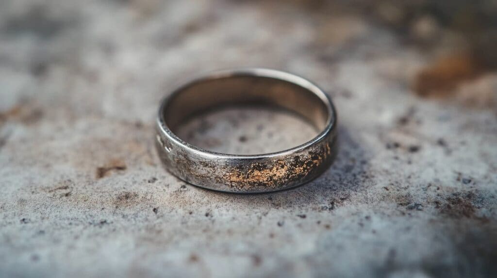 A worn platinum ring featuring a developed patina, illustrating platinum’s unique aging process that enhances its character and vintage appeal over time.