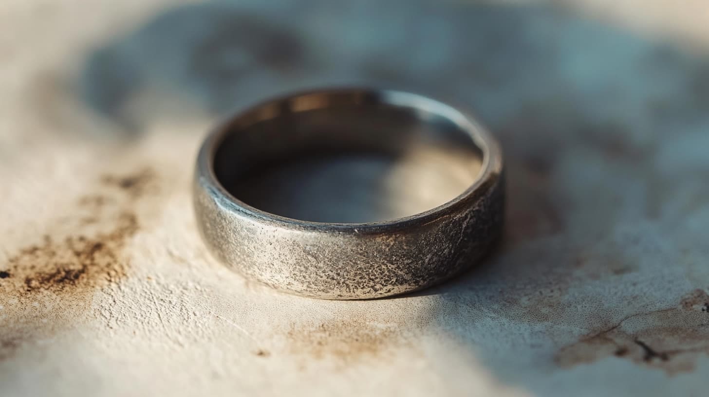 Worn platinum band with a dulled matte surface on a pale stone