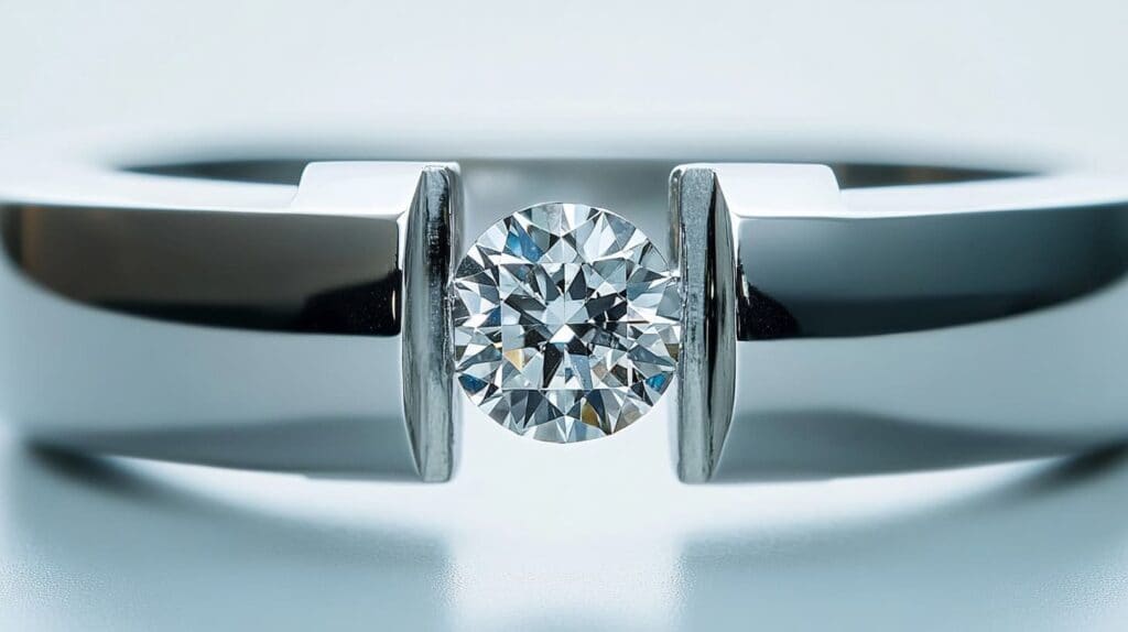 Closeup of a platinum tension-set diamond ring with a modern design, showcasing the floating round diamond secured by the polished metal band.