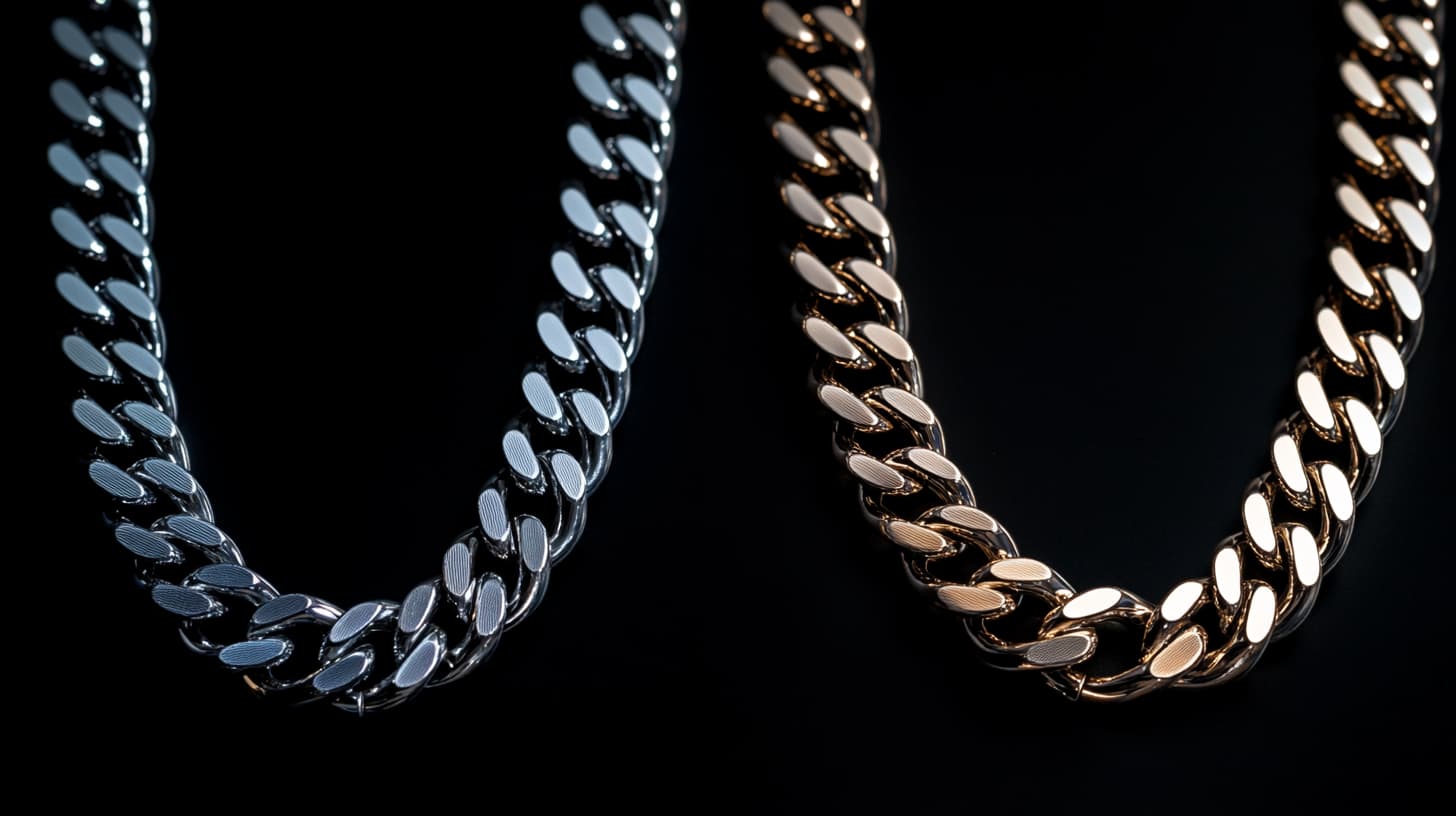 Silvery and warm-toned curb chains side by side on a black background