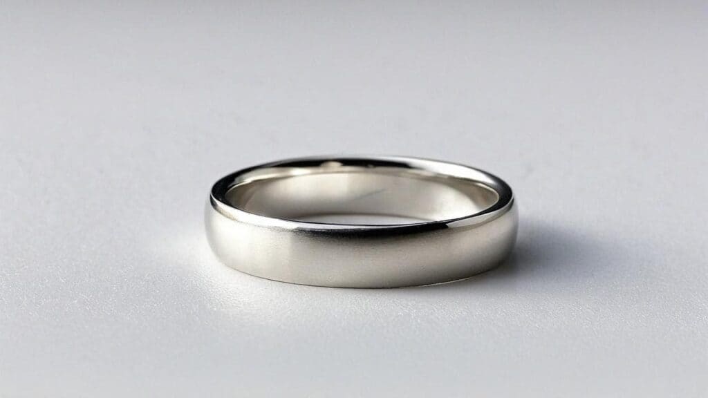 Platinum wedding band ring on neutral background - example of hypoallergenic metal for sensitive skin