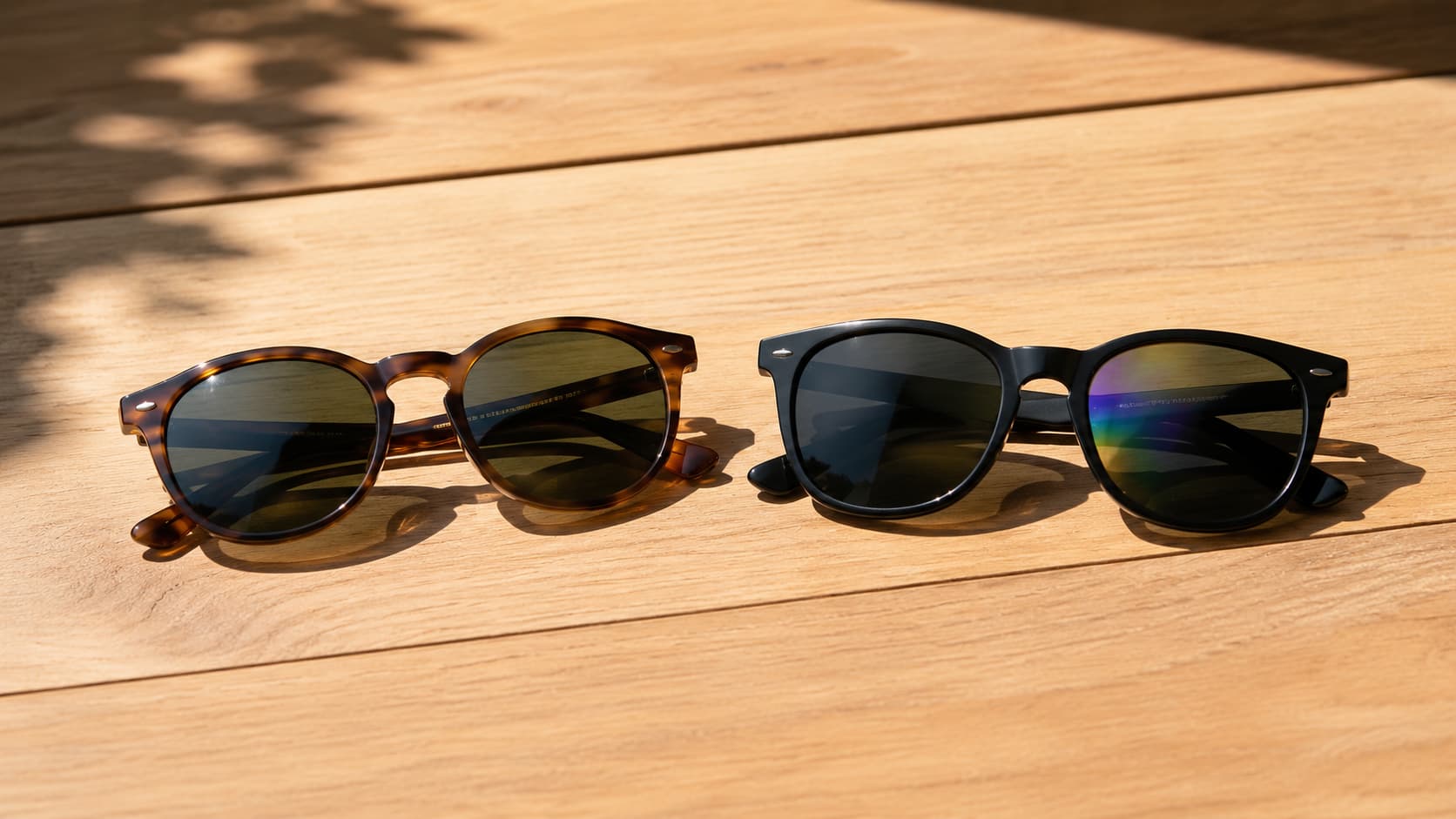 Two pairs of sunglasses side by side, one showing a rainbow reflection typical of a polarized lens