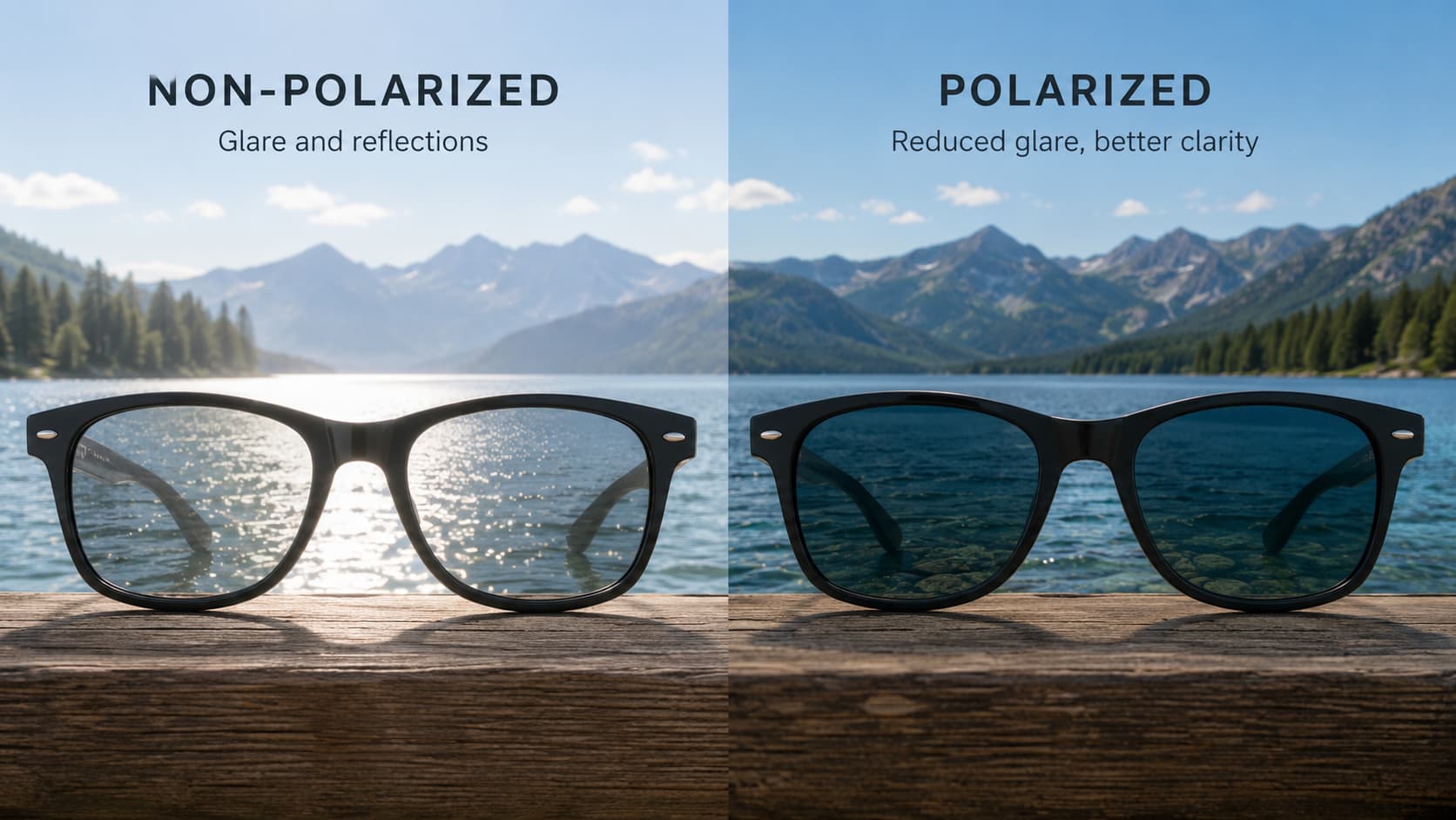 Split comparison of non-polarized and polarized sunglasses lenses showing glare reduction on a lake