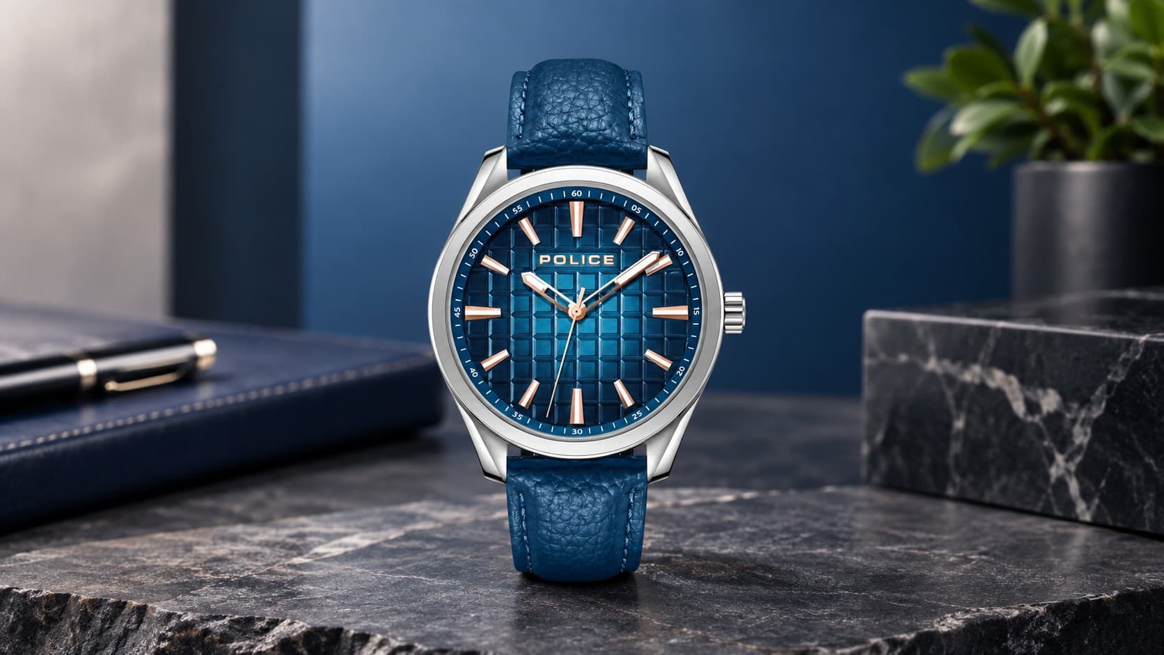 Police Doolin watch for men with a blue textured dial and blue leather strap