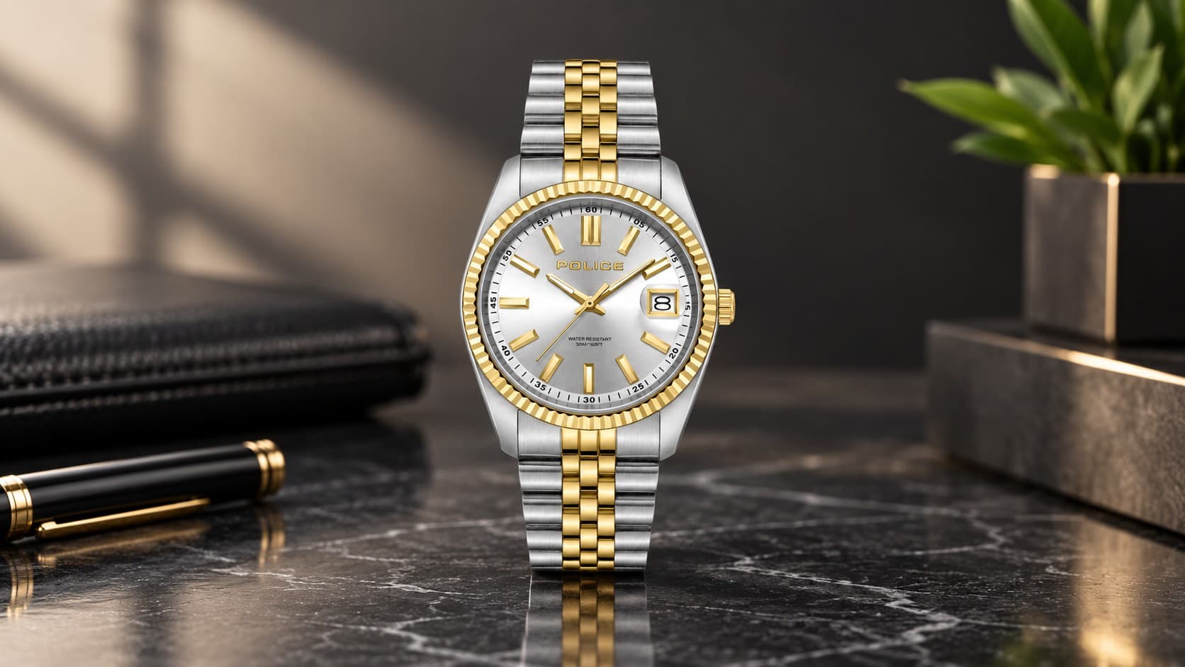 Police Stria watch for men with a two-tone gold and silver bracelet and fluted bezel