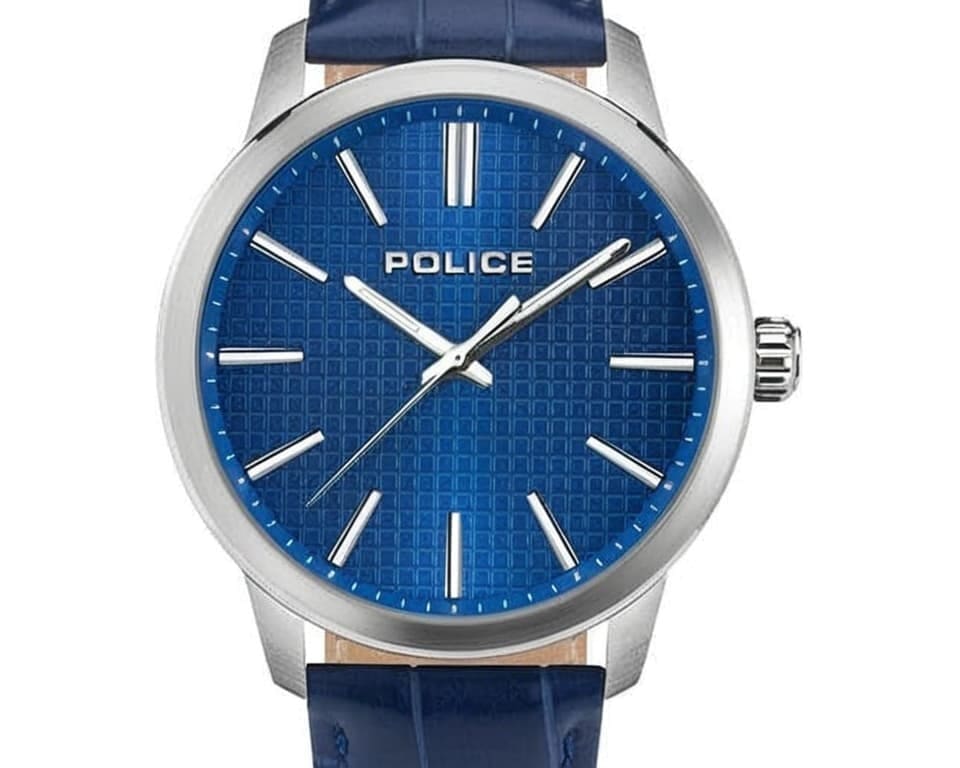 Police watch with textured blue dial, steel case and blue croc-embossed strap