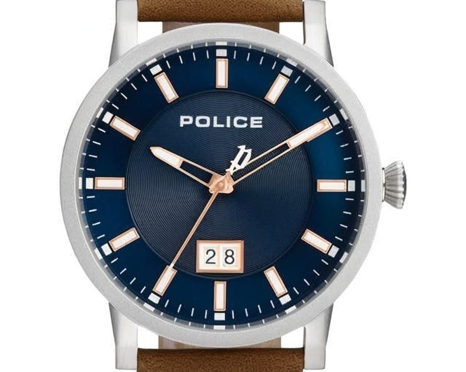 Police watch featuring navy blue dial with date window, rose gold hour markers, and brown leather strap of fashion timepiece styling