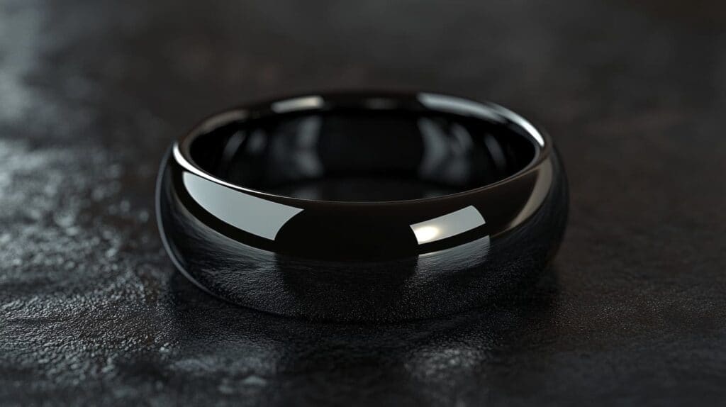 Smooth, polished black gold band with a reflective finish, resting on a textured black surface.