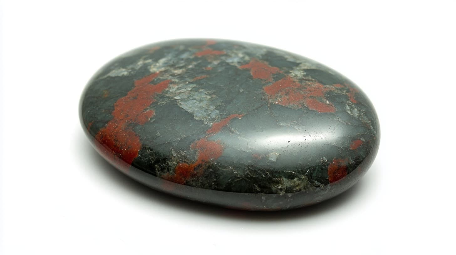Polished oval bloodstone in dark green flecked with rust red