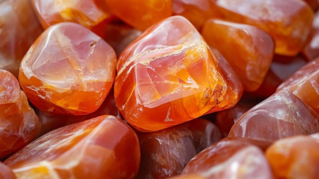 Close-up of polished carnelian stones showcasing vibrant orange and red hues with natural patterns and translucency.