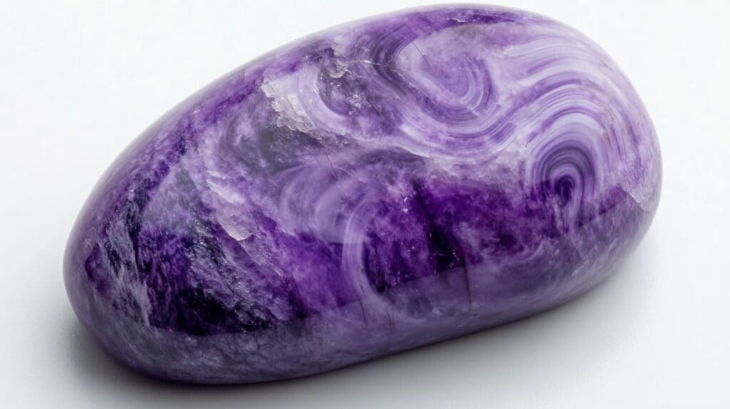 Polished Charoite gemstone displaying vibrant purple colors and distinctive swirling patterns, highlighting its silky chatoyant effect.