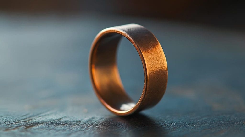 Shiny polished copper ring with a smooth, reflective surface, highlighting its vibrant reddish-orange hue.