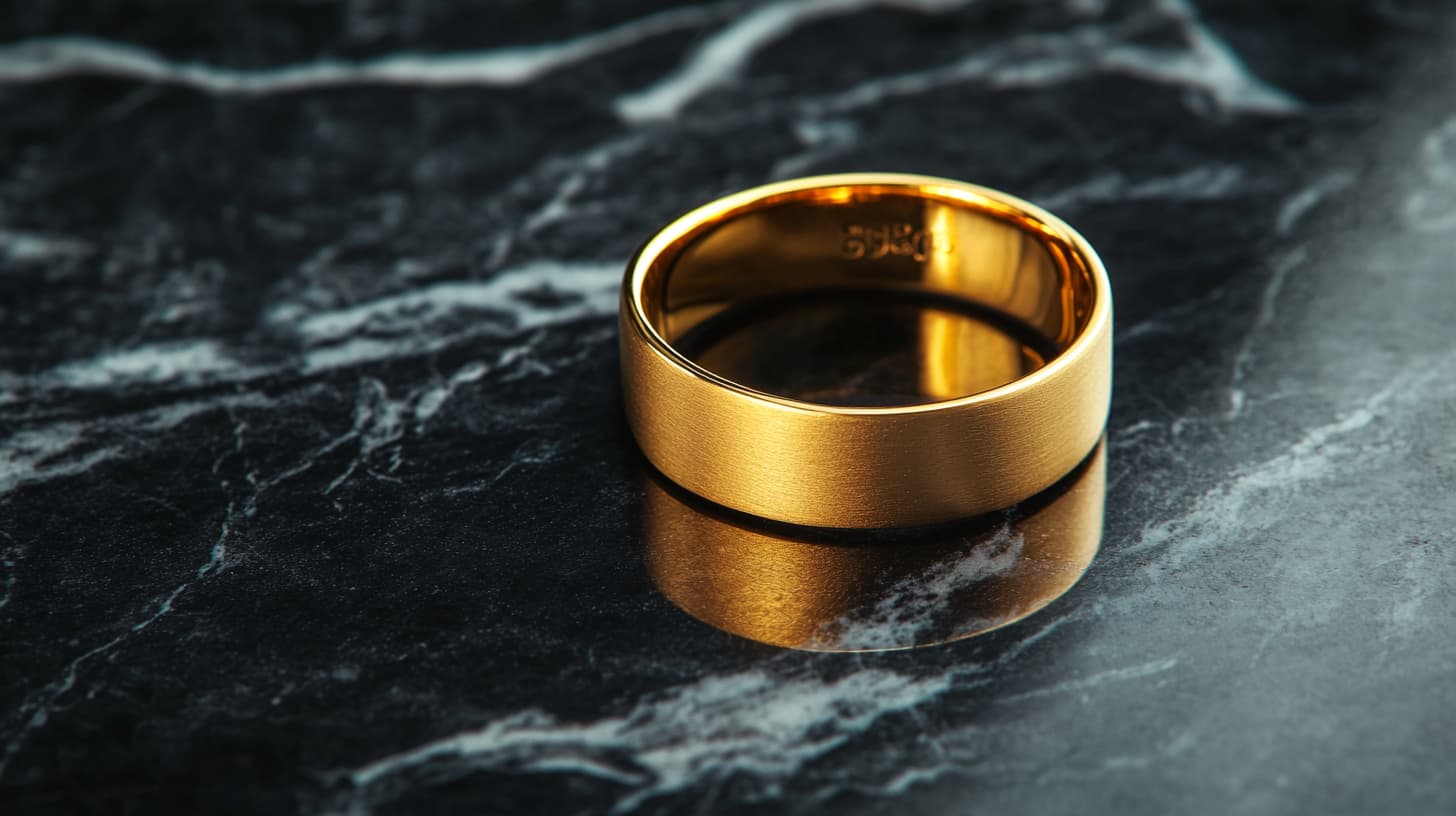 Brushed gold band ring standing on polished black marble