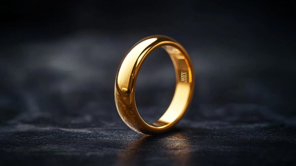 A polished gold wedding band with a visible hallmark inside, demonstrating the authenticity and timeless appeal of high-quality gold rings.