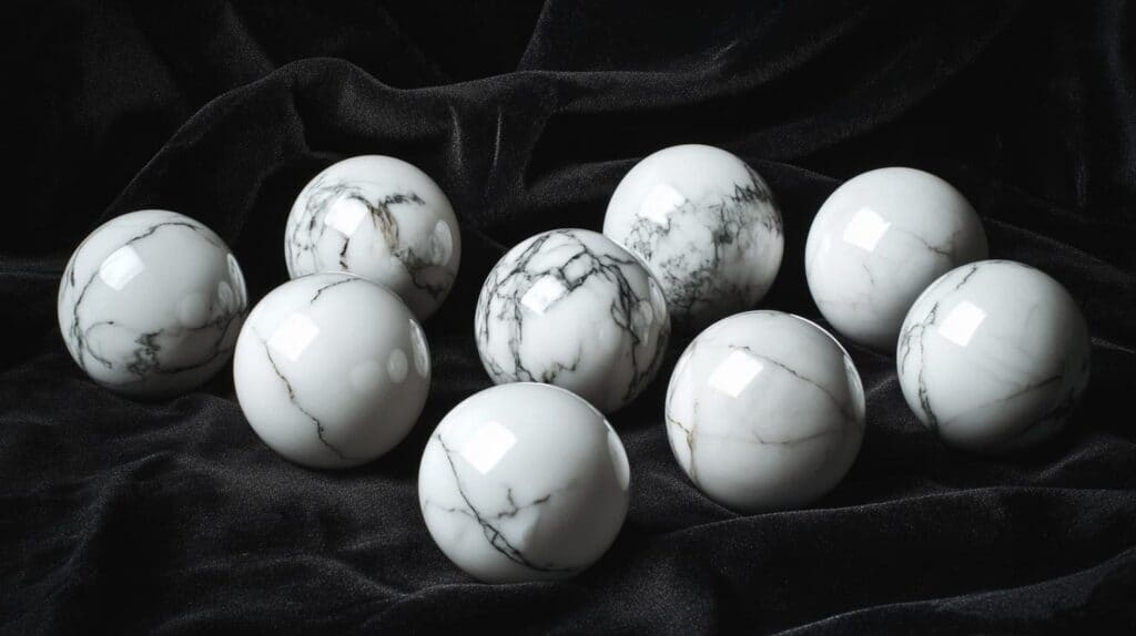 A collection of polished white Howlite spheres with black veining, displayed on black velvet fabric.
