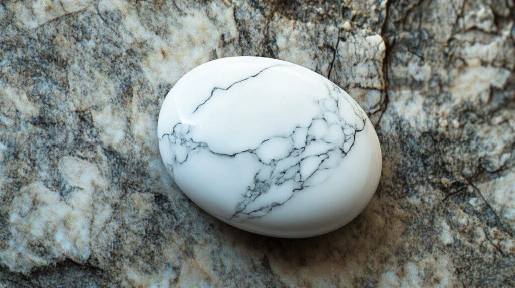 A smooth, polished Howlite stone with black veining resting on a natural rock surface.