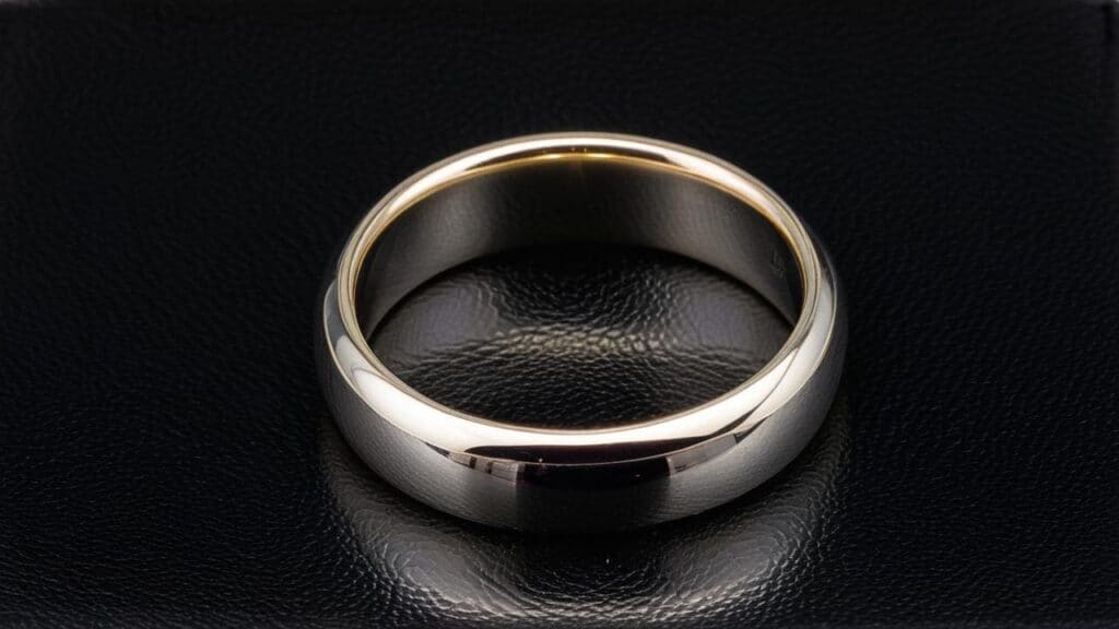A sleek, polished iron ring resting on a textured black surface, highlighting its reflective finish.