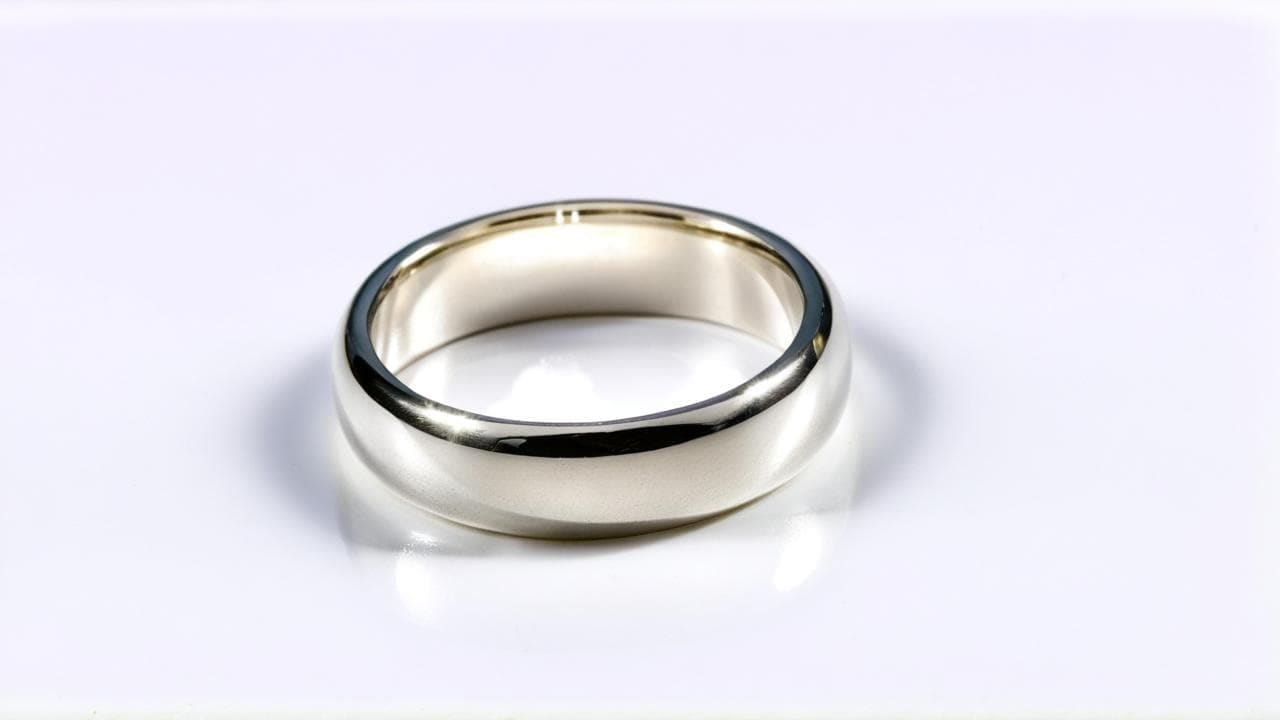 Plain polished silvery band ring on a white background