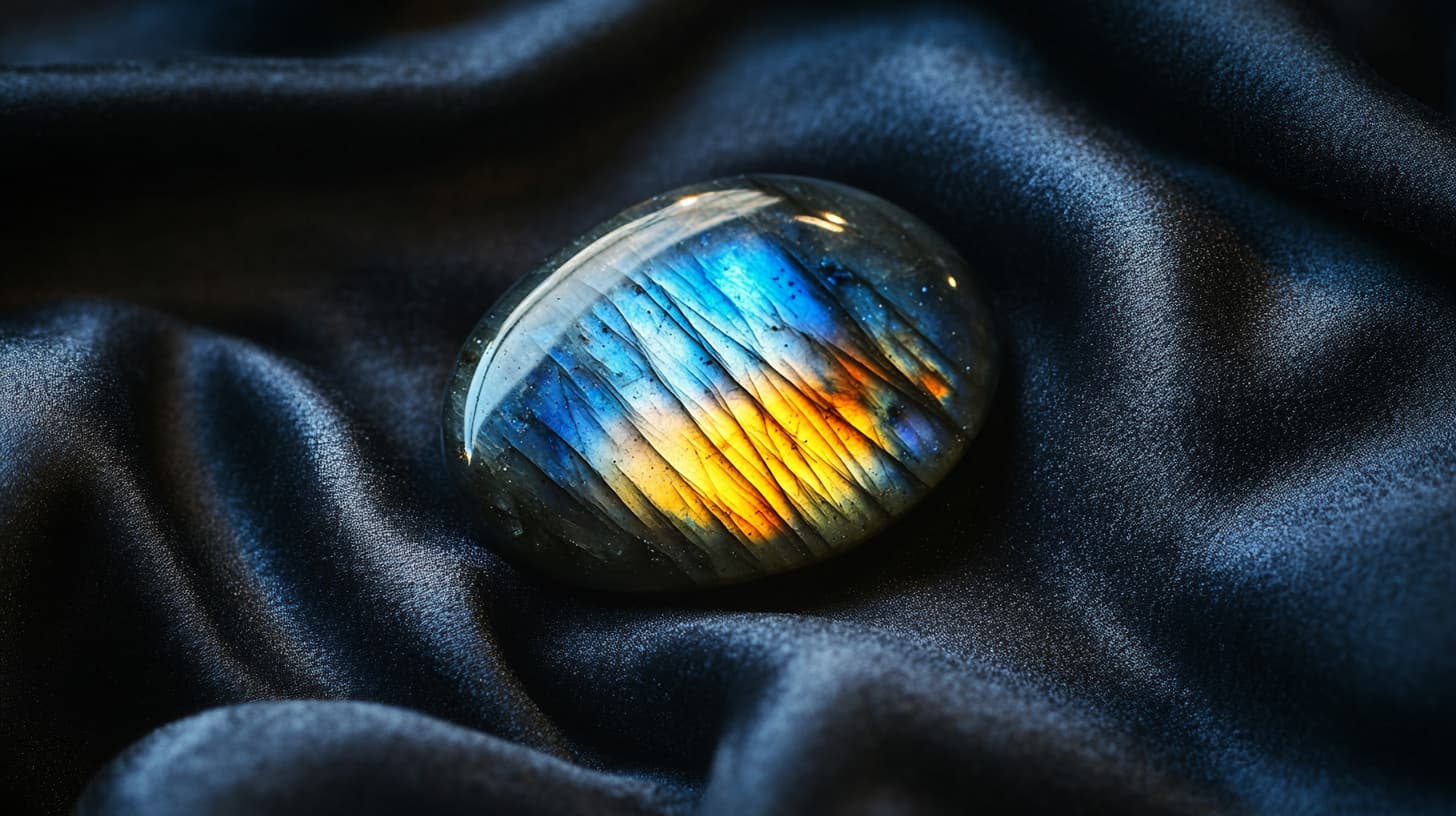 Polished labradorite cabochon flashing blue and gold on dark blue velvet