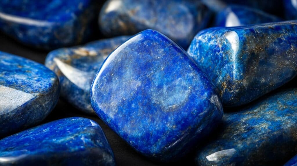 A collection of polished lapis lazuli semi-precious gemstones with deep blue hues and golden pyrite flecks, reflecting light on their smooth surfaces.