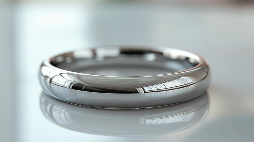 Close-up view of a polished palladium wedding band reflecting natural light, highlighting its bright white finish and smooth surface.