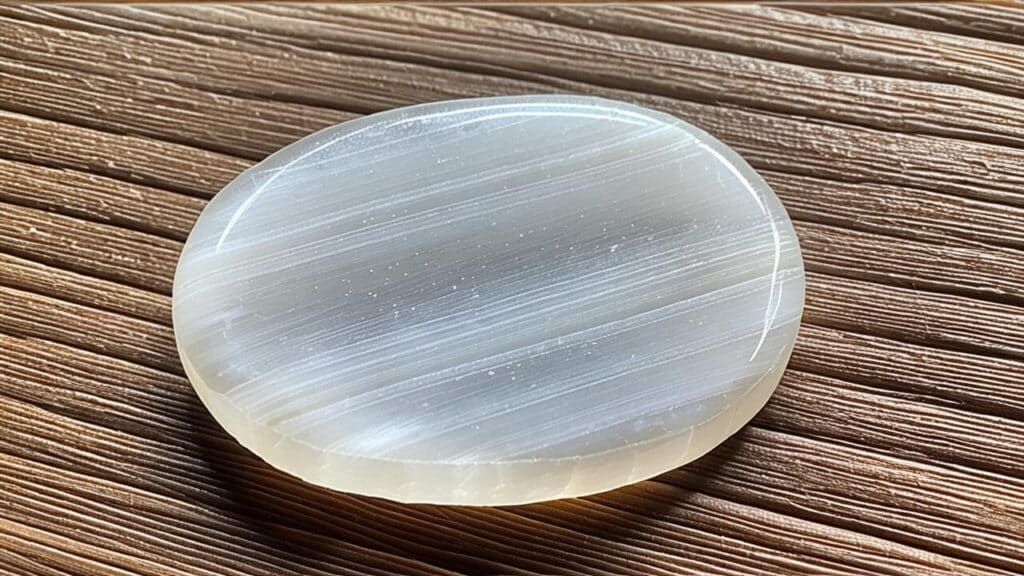 Oval polished selenite palm stone with natural striations on wooden surface